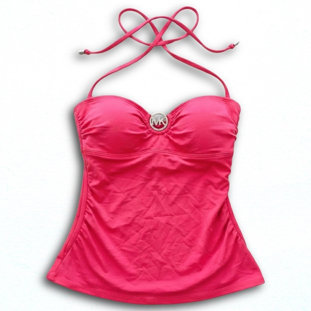 Michael Kors Pink Halter Tankini Top MK Logo Medallion Ruched Swimwear Small